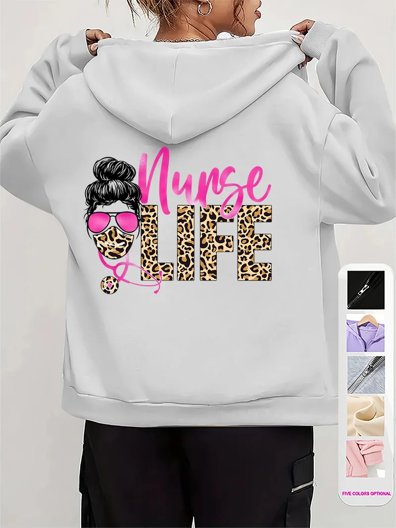 Sudadera con capucha con estampado de vida de enfermera de leopardo para mujer, Sudadera con capucha informal de manga larga con cremallera, chaqueta de enfermería para otoño e invierno, abrigo, sudaderas con capucha de enfermera de emergencia