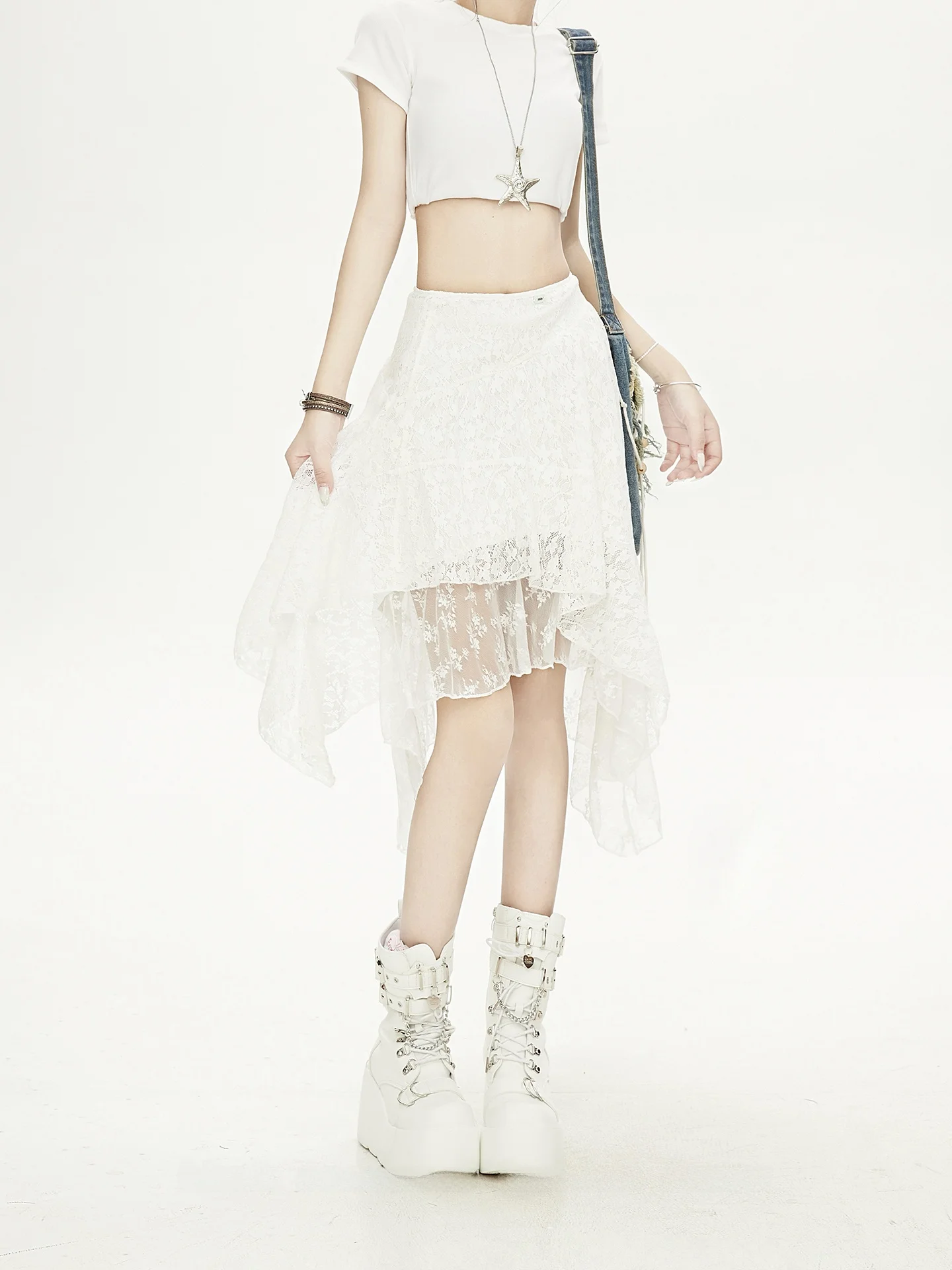 

Белая кружевная юбка с асимметричным подолом, женская корейская утягивающая уникальная юбка с пряным рисунком субкультура заводская летняя