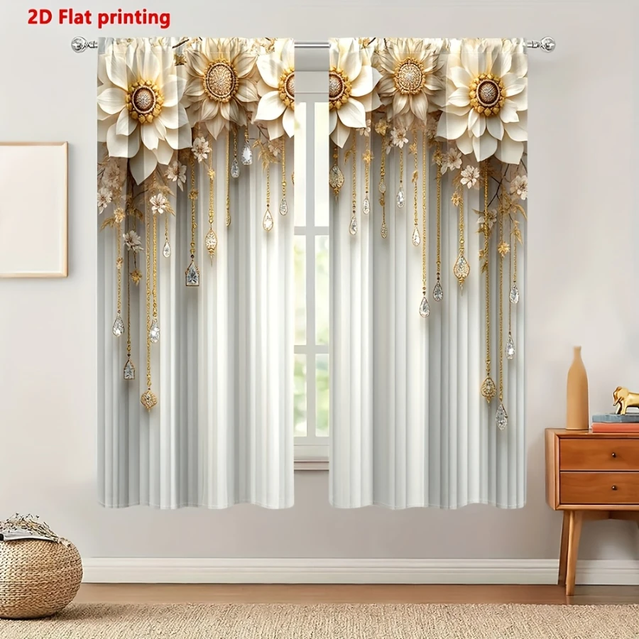 2PCS Digital Printed Curtains, Golden Sunflower Diamond Chain Luxury, Rod Pocket Window Drapes for Living Room Bedroom Decor