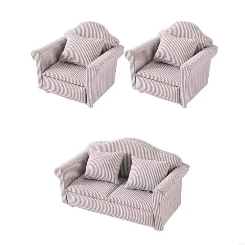 Y88D 1/12 Casas muñecas Muebles sala estar Sofá madera con diseño rayas cojín para escena del proyecto
