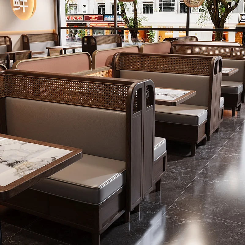 #Southeast Asian Style Restaurant Wooden Table And Chair Hotel Cafe Half Circle Rattan Booth Table And Chair Furniture Set