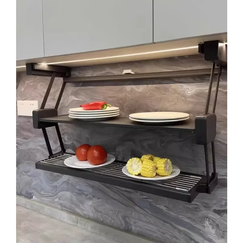 Wall cabinet folding rack, pull-down double-layer lift telescopic kitchen folding type