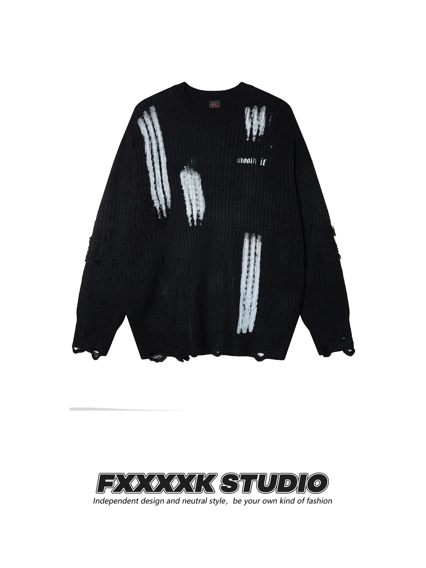 

Oversize Couples Sweater Hand-Dn fiti Letters Hole Loose Fit Retro American High Street Soft Knitted Woolen Coat