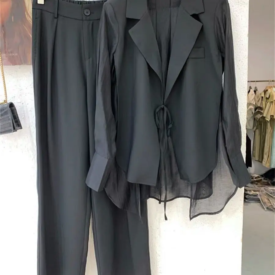 Summer New Hollow Sun Protection Chiffon Shirt Blazer Wide Leg Pants Two Piece Set Elegant Women\'s Pants Set Office Outfits