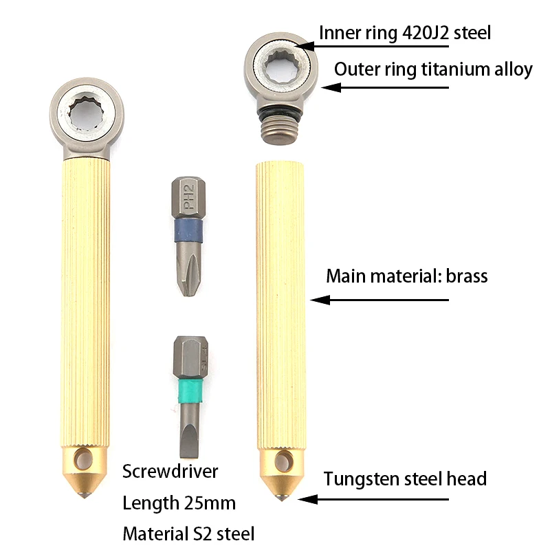 Titanium Alloy Brass Modular Screwdriver Ratchet Wheel Screwdriver With 2PCS S2 Bit EDC Riding Equipment Tungsten Head Gadget