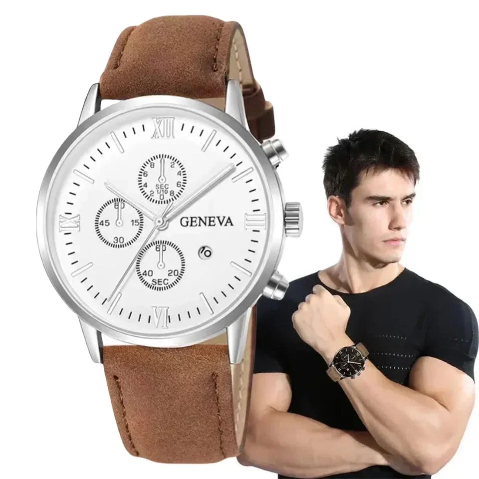 นาฬิกาแฟชั่น + สร้อยข้อมือนาฬิกาผู้ชายเรียบง่ายบางพิเศษสายหนัง PU เหมาะสำหรับธุรกิจควอทซ์สำหรับผู้ชาย