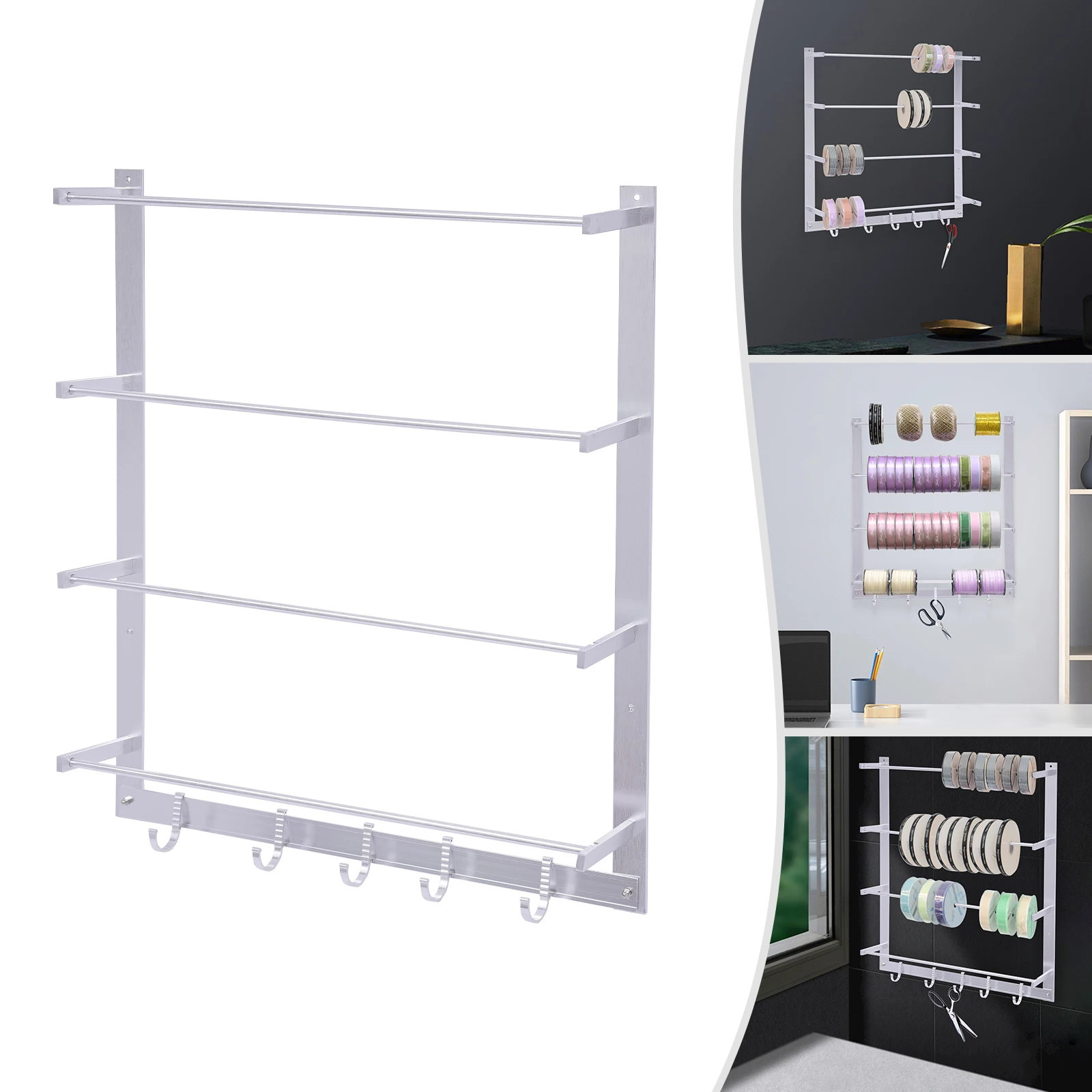 رف منظم للحرف اليدوية على الحائط مكون من 4 خطافات من سبائك الألومنيوم لتخزين بكرة خيط غزل الشريط وغرفة الحرف اليدوية