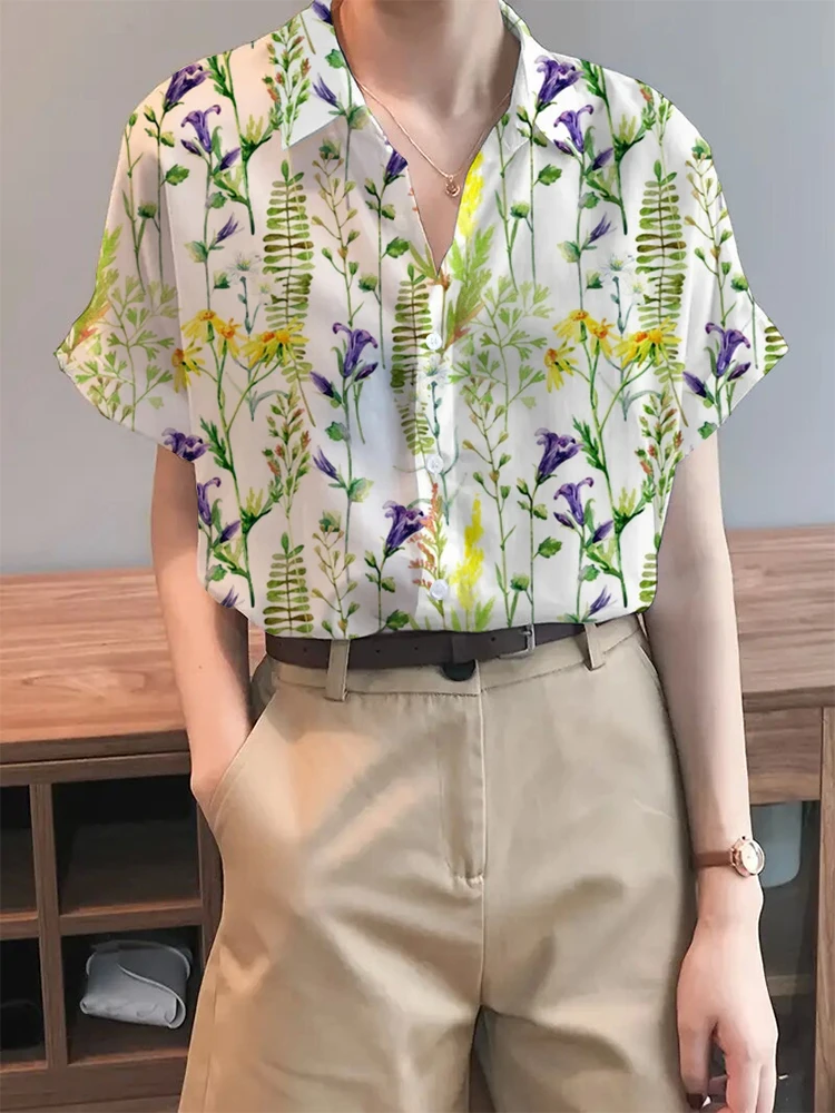 Women's Button Down Shirt Watercolour Floral Element Printing Elegant Lapel Short Sleeve Shirt Breathable And Comfortable