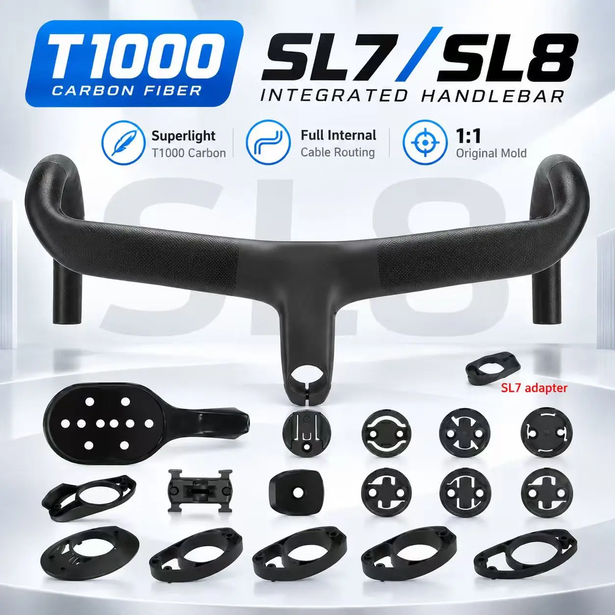 T1000 Full Carbon Integrated Road Cycling Handlebar, Internal Routing Handlebar Include SL7 Adapter Suitable for Tarmac Sl7/Sl8