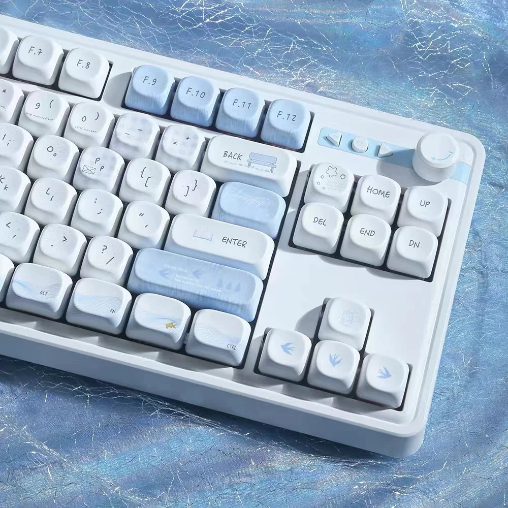 Blue Illusion Theme Keycap MOA Profile PBT Light Blue White Simple Keycaps Thermal Sublimation Summer Round Cute Mechanical Caps