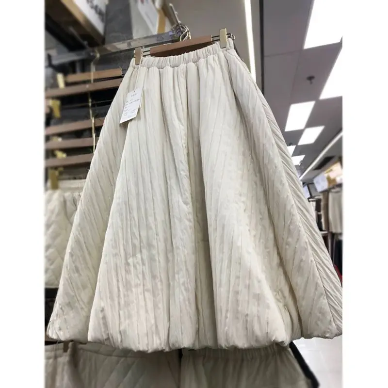 Texture Pocket Thickened With Cotton Bud Skirt High Waist Warm Pleated Fluffy A-Line Lantern Skirt Oversized Women w1422