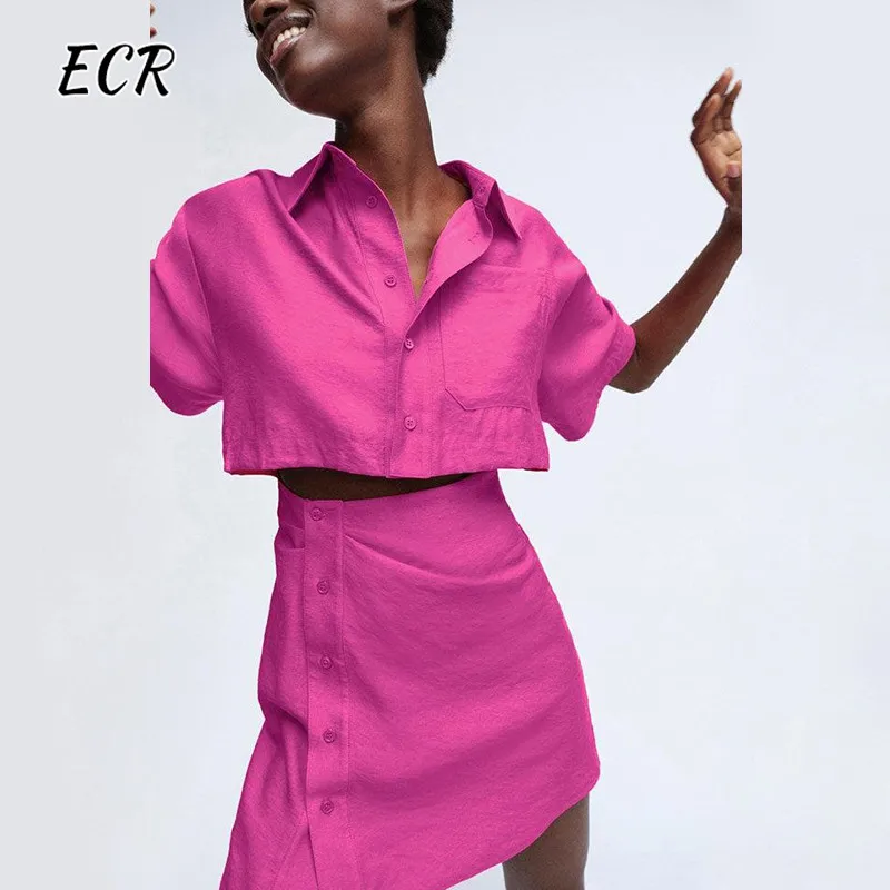 

ECR Casual Two Piece Sets For Women Lapel Short Sleeve Shirts High Waist Spliced Button Mini Skirt Solid Set Female Fashion New