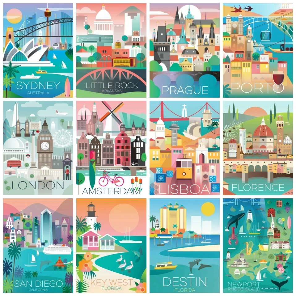 AZQSD 5d Diy Diamond Embroidery City Scenery Handmade Diamond Mosaic Postcard Building Home Decor Painting Picture Rhinestones