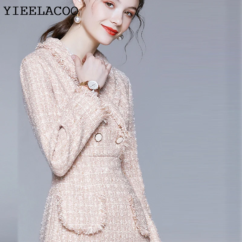 Pink tweed dress  2023 spring / autumn women\'s dress  tassel Long sleeved ladies slim bottoming dress one-piece