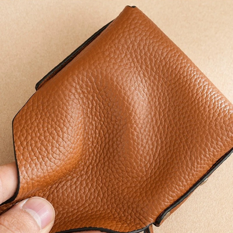 Simple Genuine Leather Short Coin Wallets Card Holder Bag Case Retro Cowhide Small Money Purse For Men Women Earphone Pouch