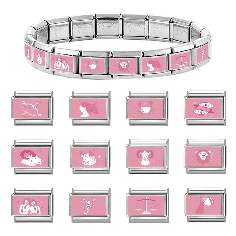 Y2K Rosa Bedruckte 12 Sternzeichen Serie Italienischer Charm-Anhänger Passend für 9mm Edelstahl-Armband =DIY Schmuckherstellung Geschenk Großhandel – Detail 4