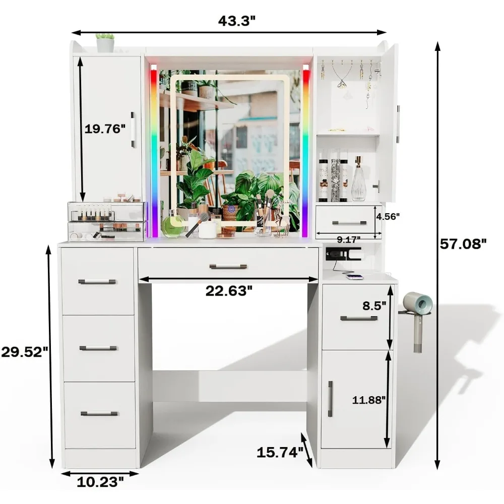 Vanity Desk with Mirror and RGB Ambient Lights, Power Outlet, Dressing Table with 7 Drawers, 3 Cabinets, 6 Hooks,1 Dryer Rack