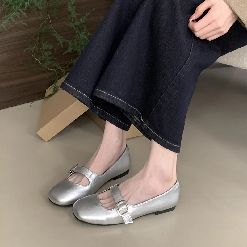 SUOJIALUN Spring New Brand Women Flat Shoes Fashion Round Toe Shallow Slip On Ladies Elegant Boat Shoes Soft Flat Heel Dress Mar