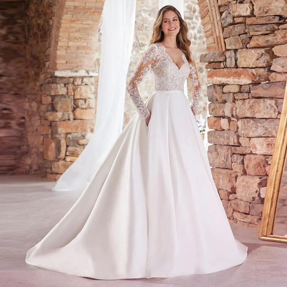 Bata De Novia acampanada con cuello en V, apliques De botones cubiertos, bolsillos De encaje, Vestido De tren De barrido con cremallera, exquisito e romántico