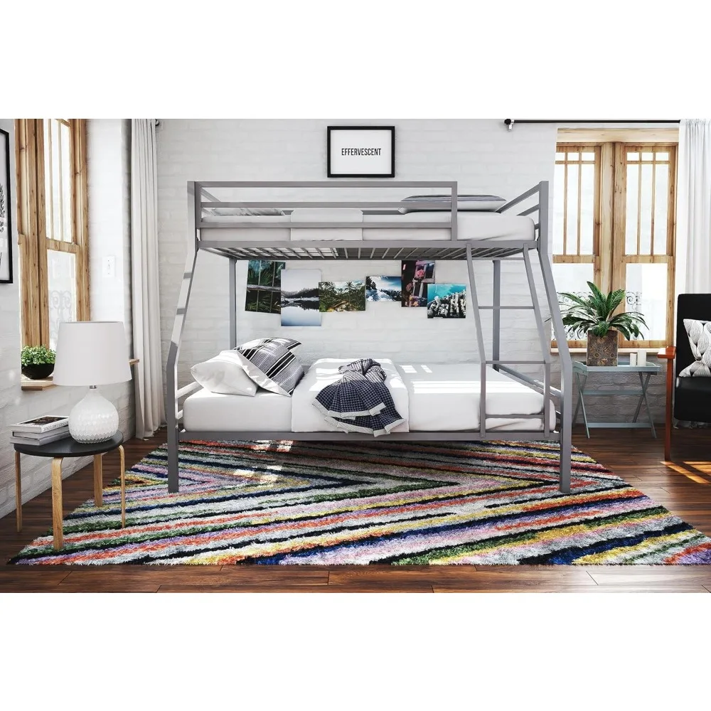 Metal Bunk Bed Frame for Kids and Teens,with Angled Ladder,High Guardrail and Metal Slats,No Boxspring Required, Bunk Bed Frame