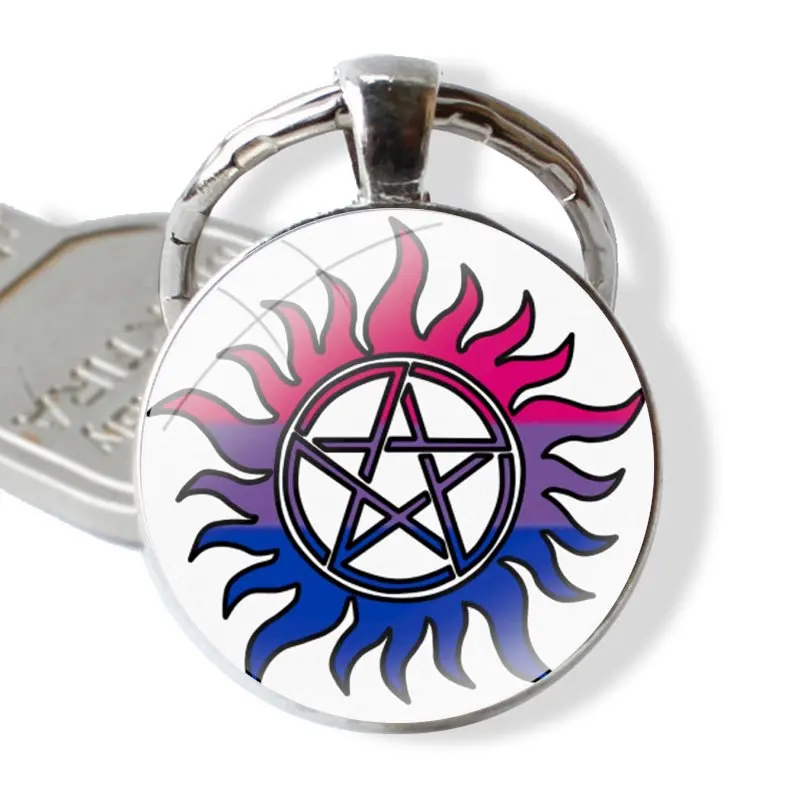 Keychain Handmade Glass Cabochon Key Ring Holder Pendant Key Chains Bisexual Pride Anti Possession Symbol