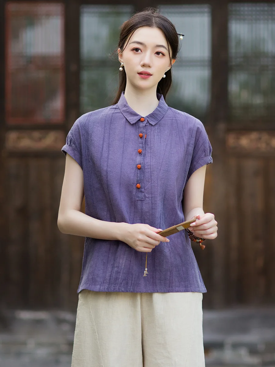 New Chinese Style Cotton Linen Short Sleeve Women's Summer Dyed Loose Artistic Tea Shirt Collar Button up Breathable Shirt