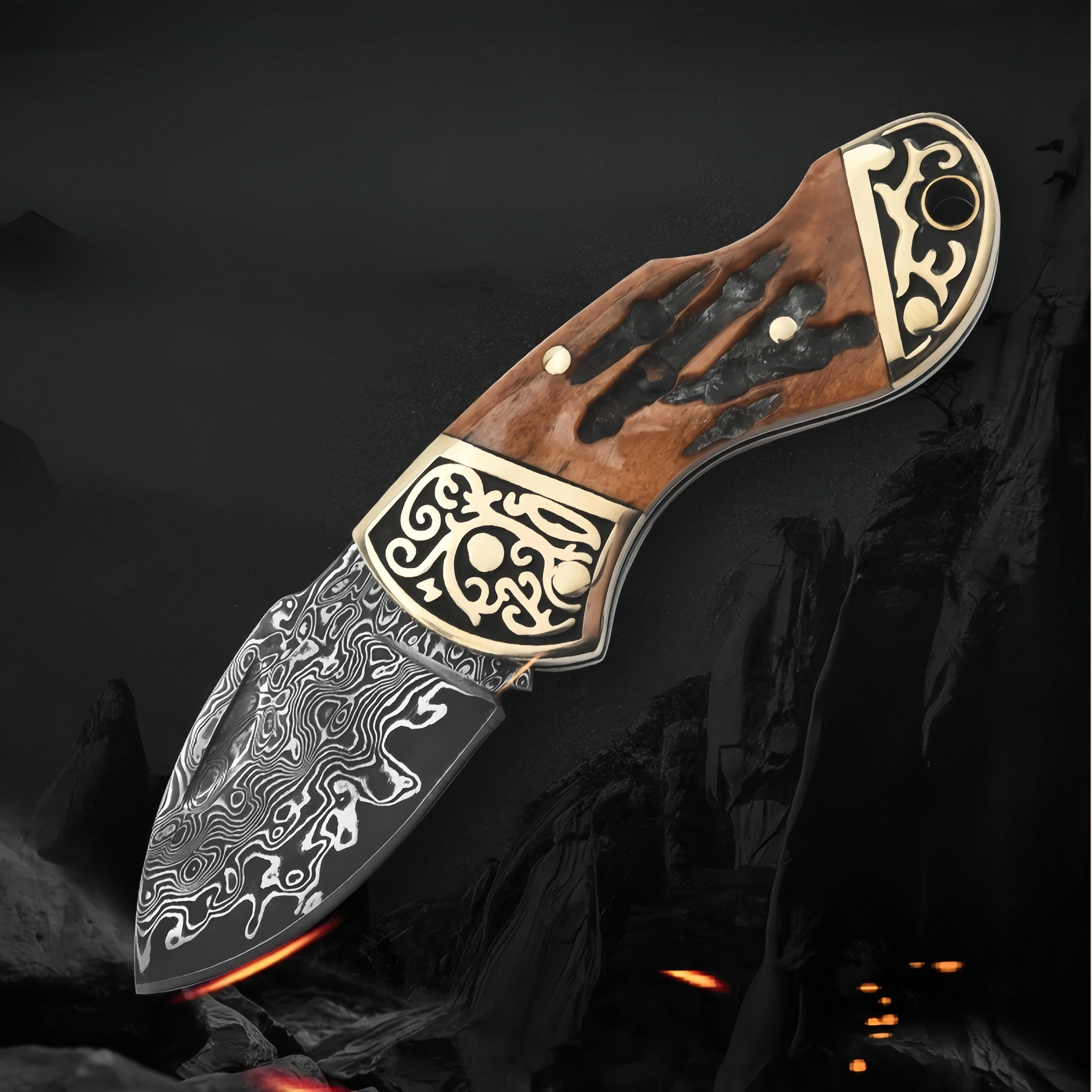 

New Arrival Damascus Steel Blade Bone Handle Outdoor Camping Survival Folding EDC Pocket Mini Knife