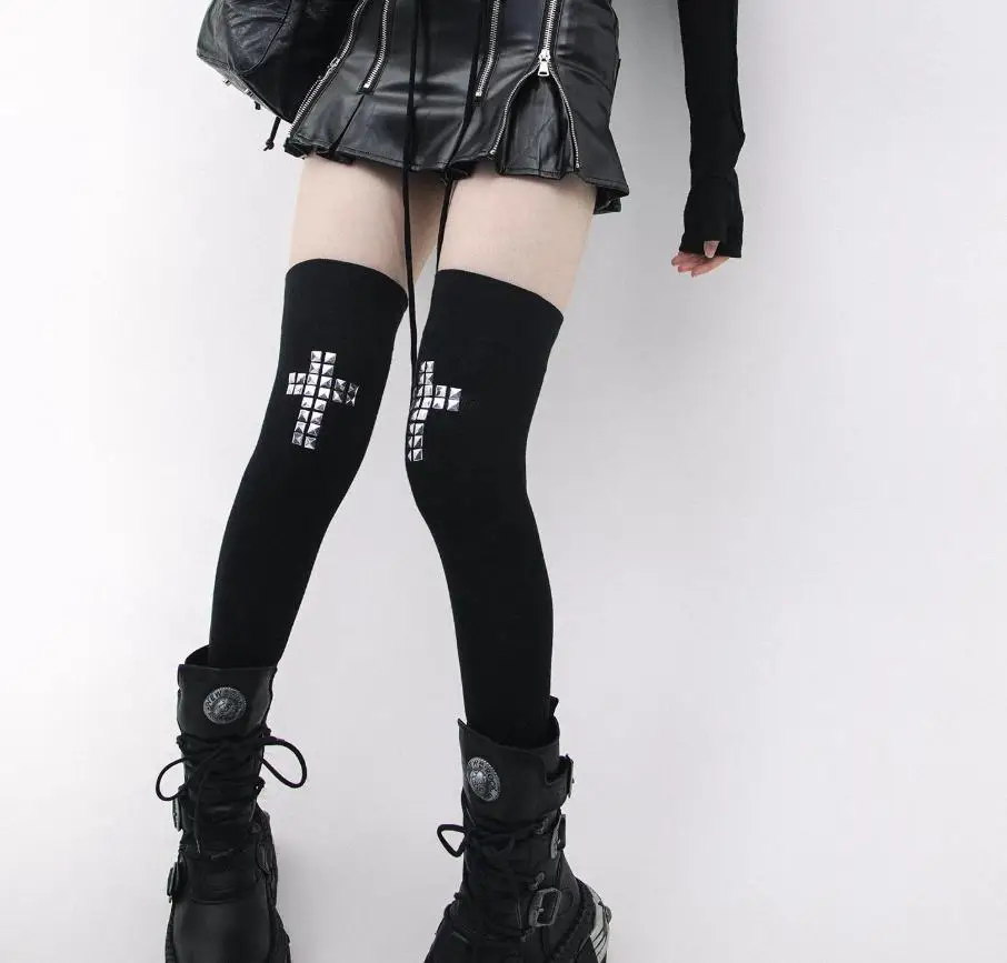 Y2K Subculture Gothic Style Cross Over Knee Socks Punk Style Rivet Hot Drill Street Fashion Stockings Summer Women's Socks