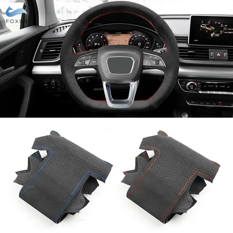 

For Audi (D Shape) Q3 F3 Q5 SQ5 FY Q7 SQ7 4M Q8 2018-2022 Hand-stitched Suede Leather Car Interior Steering Wheel Cover Trim