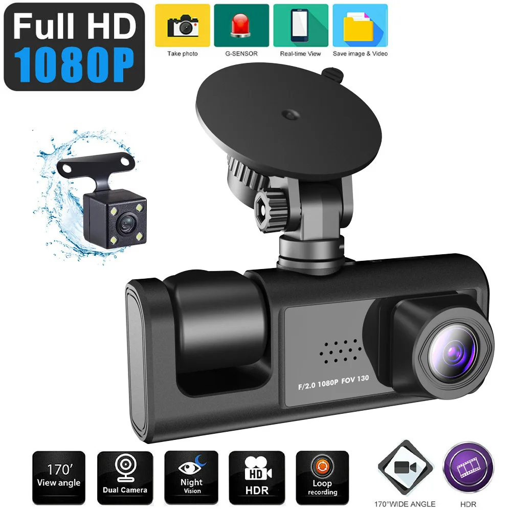 HD 1080P Car DVR 3-Lens Dash Cam Inside front and rear Vehicle Dash Cam Three Way Camera Recorder Video Registrator Dashcam