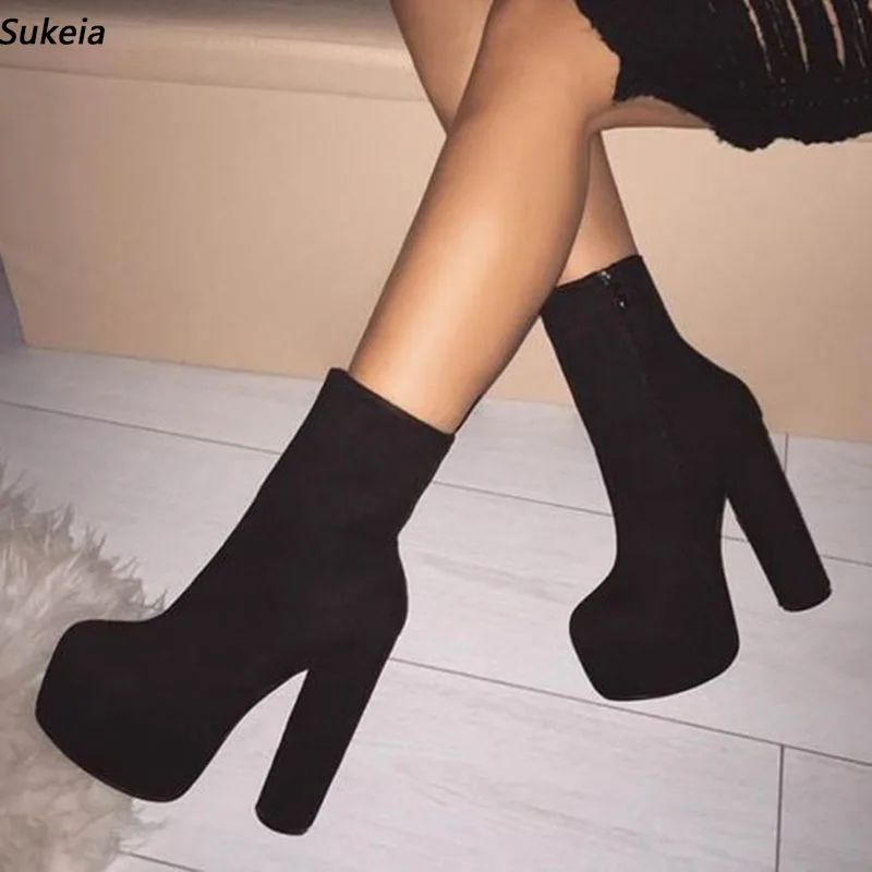 

Женские ботильоны на молнии Sukeia, Черные ботильоны ручной работы с круглым носком на массивном каблуке, обувь для косплея, большие размеры США 5-20, для зимы