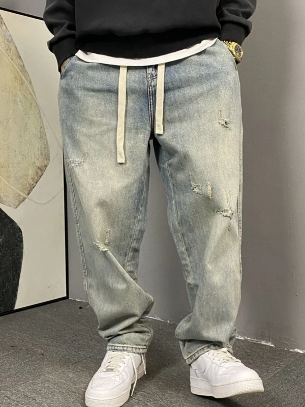 

plus Size Men's Jeans Large 300 Pounds Washed out Torn Hole Ripped Cotton Drawstring Elastic Waist Spring Autumn All-Match St...