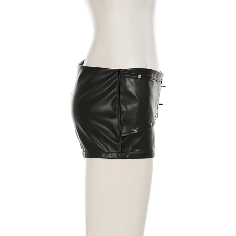 SUCHCUTE Vintage Nieten-Schnallen-Gürtel, Pu-Leder-Shorts, Y2k, sexy Shorts mit niedriger Taille, ästhetisches Party-Outfit, Sommer-Punk-Stil, Coquette – Detail 5
