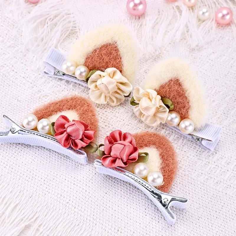 ncmama 4Pcs Kawaii Cat Ear Hair Clips For Kids Girls Sweet Felt Fabric Flower Pearl Hairpins Barrettes Headwear Hair Accessories