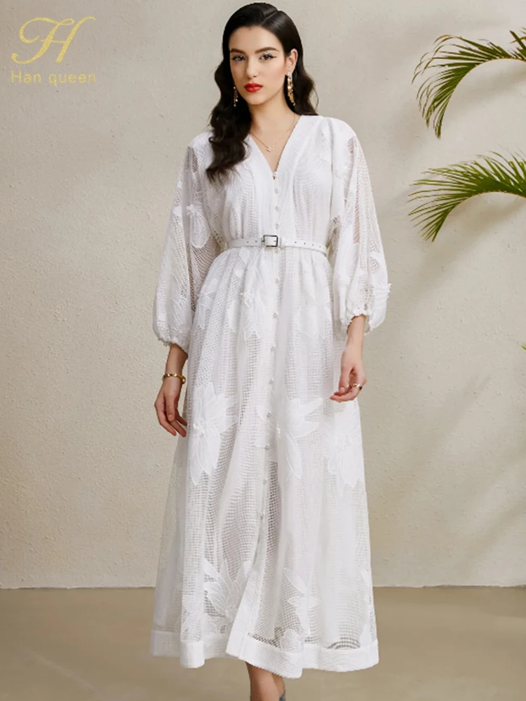 

H Han Queen Luxury Single breasted White Lace Dress Summer Women Hook Flower Hollow Bubble Sleeves V Neck Belt Prom Dresses