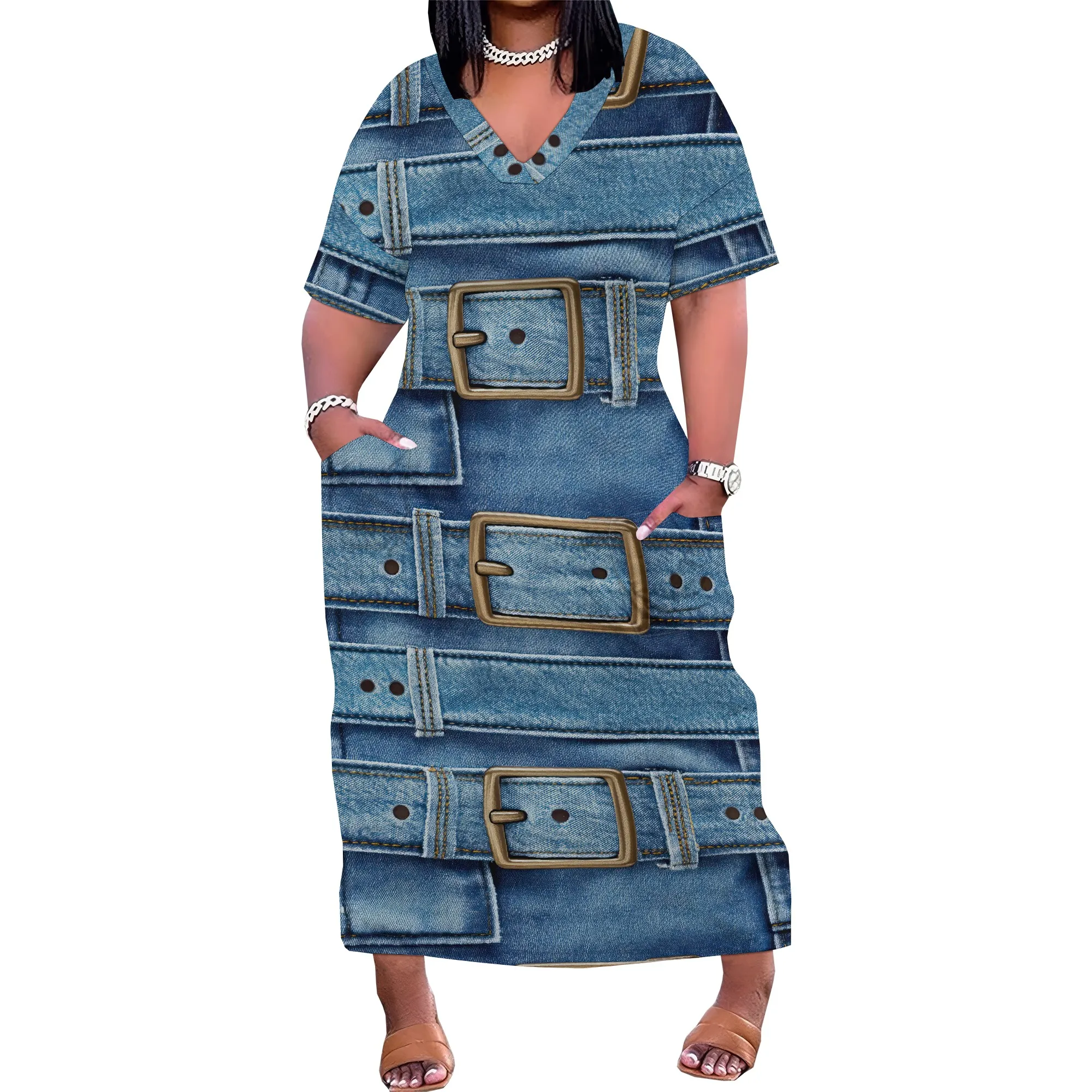 여성용 폴리에스터 데님 스타일 찢어진 맥시 드레스 블루 슬릿 캐주얼 페스티벌