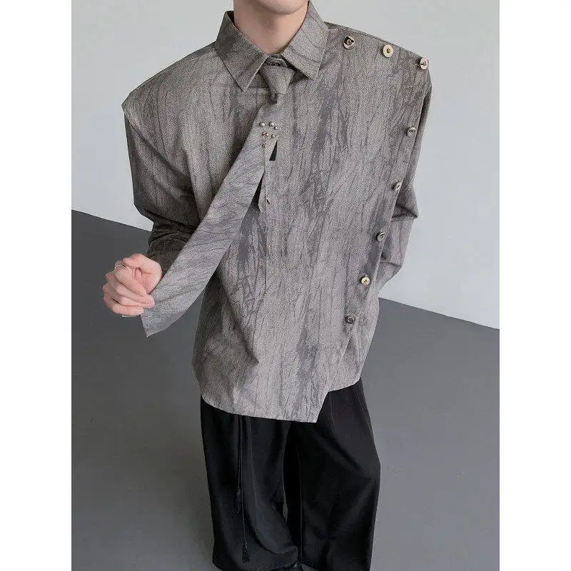 

Retro Chinese Sle Workwear irt Men's Trendy Dyeing Frayed Street Sle Angle Lapel Tie Coat Loose Fit Faion Urban Polye...