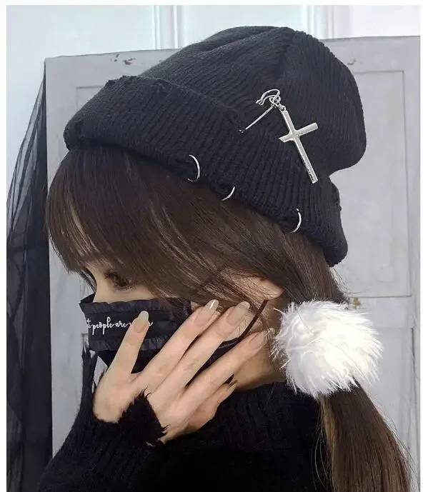 

Ruibbit New Arrival Hot Girl Knitted Hat Japanese Gothic Girl Punk Harajuku Woman Casual Caps Fashion Black Hats