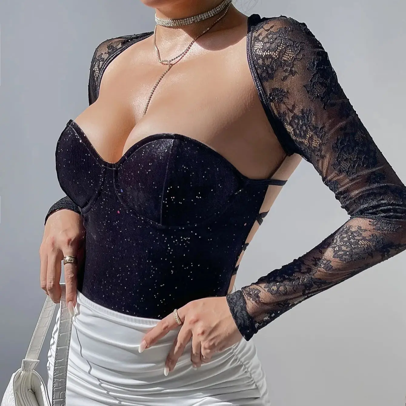 Sexy Sheer Lace Women Bodysuits Slim Back Cross-strap Jumpsuits Long Sleeves Bodycon Shapewear Hollow Bodyshaper Lingerie Onesie