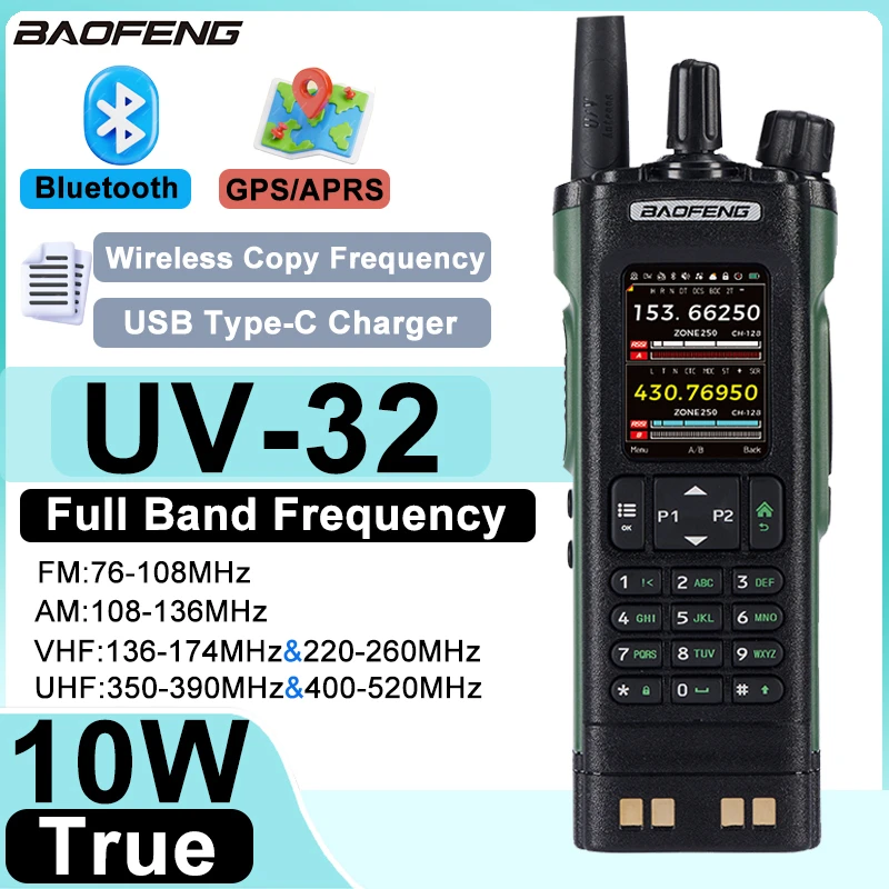 New 10W Baofeng UV 32 Bluetooth Walkie Talkie VHF UHF GPS Multi Band Wireless Copy Frequency Type-C Ham Radio Updated UV-25M 152