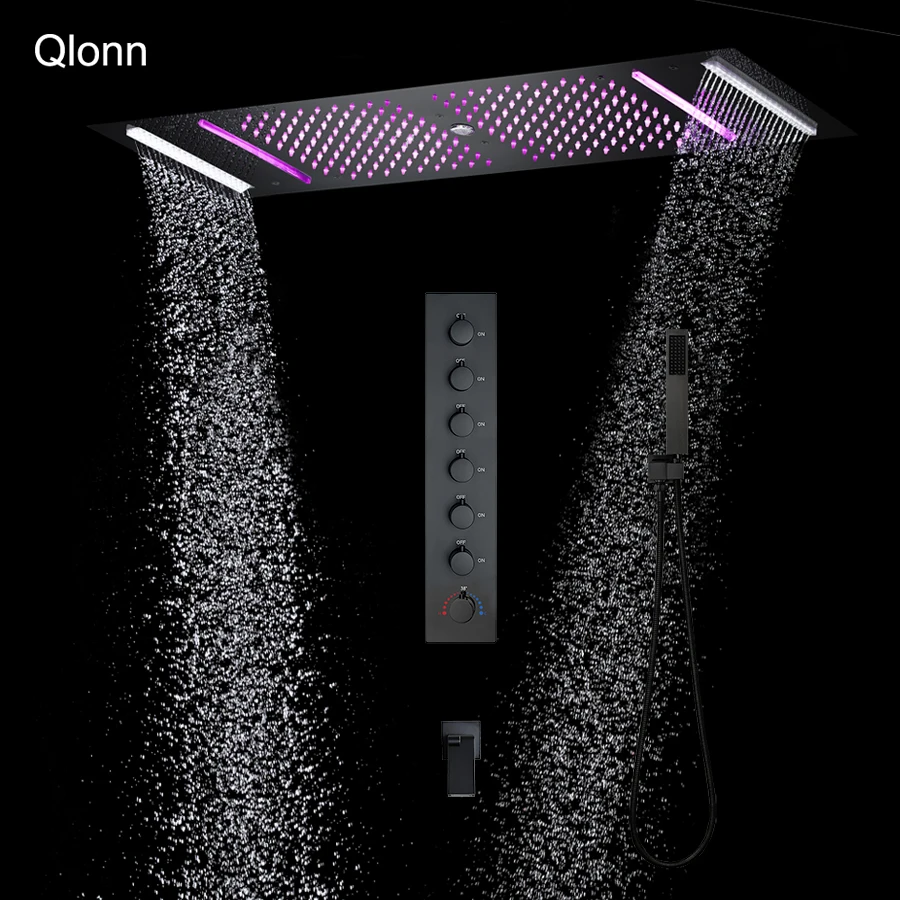 Qlonn 35×12 Inch Luxury Lntelligence Thermostatic Shower System Set Concealed LED Music Massage Jet Head for Couple Bathroom Spa
