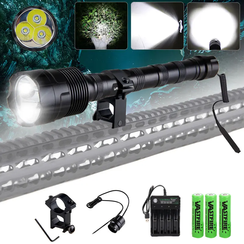 6000lm Hunting Airsoft Element Weapon Light Tactical Hunting flashlight+3*18650+Remote Pressure Switch+Scope Mount+Charger