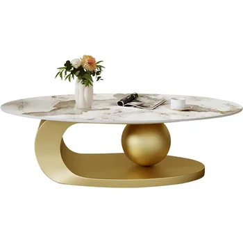 Image Modern Stone Coffee Table with Abstract Metal Base Living Room Table Center Table for Home Furniture Gold 39" L x 20" W x 17" H