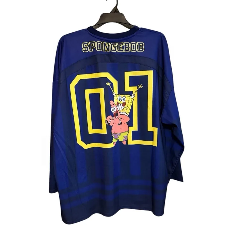 Tibetan Blue Vertical Stripe V-neck Ice Hockey Jersey Long Sleeved Breathable Loose Oversized Street Casual Pullover Jersey