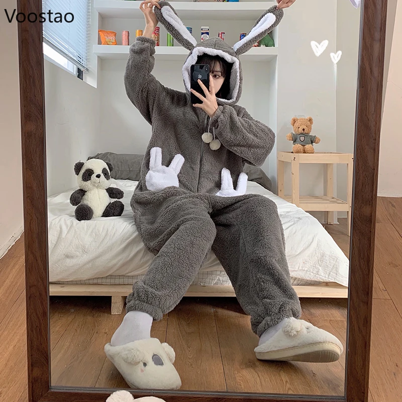 Sweet Bunny Hooded Onesies Women Pajamas Cute Pijama Winter Warm Sleepwear Kawaii Female Nightwear Pyjamas Jumpsuit Homewear