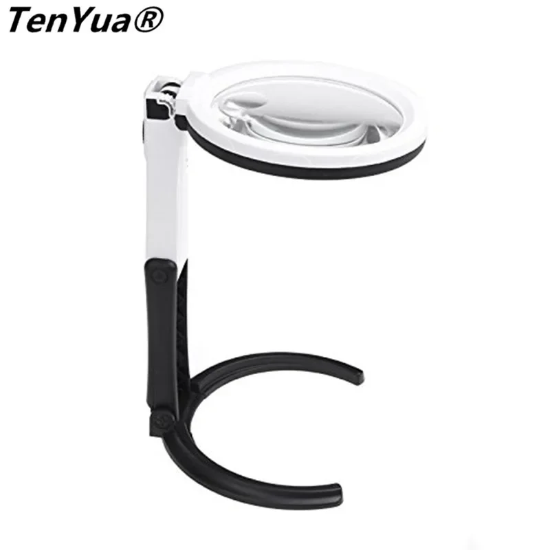 TenYua Portable 10 LED Light Magnifier Magnifying Glass with Light Lens Table Desk-type Lamp 2x 5x Handheld Foldable Loupe
