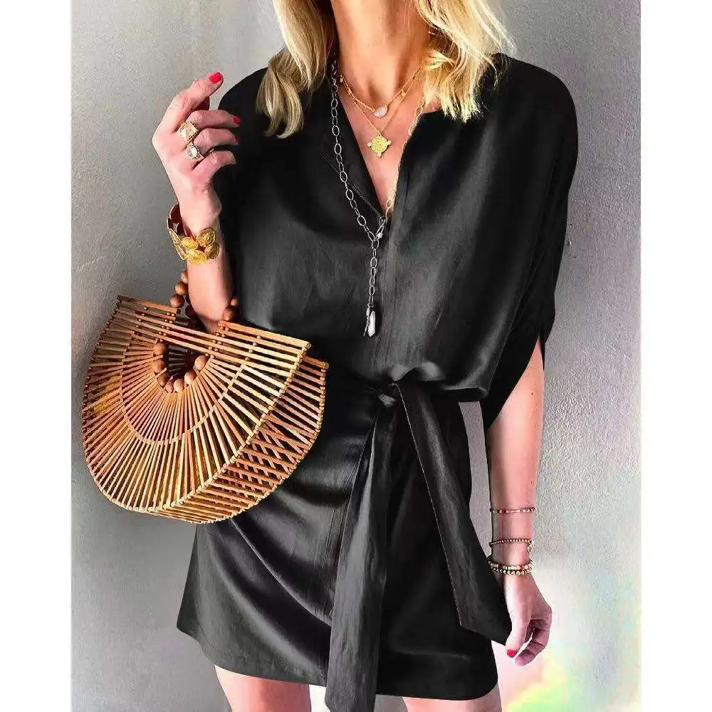 Zomer Nieuwe Dames Veters Satijn Casual Kleur Dr V Ne midden Taille Vijf Sve Polyestervezel Enkel Stuk Grote Schommel pe