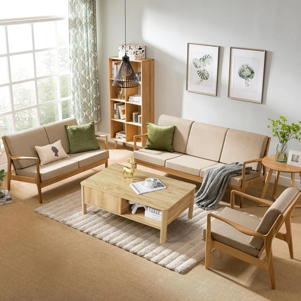 Mid-Century Modern Rectangular Wood Coffee Table with Dual Storage Shelf,Dining Table for Living Room Apartment