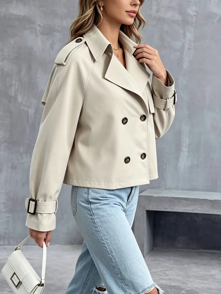 Cropped Trench Coat Women Lapel Double Breasted Long Sleeve Jacket Epaulet Cuff Strap Solid Windbreaker Commuter Daily Outerwear