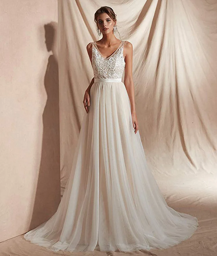 

VENSANAC Boho Pearls V Neck Tulle A Line Wedding Dress Lace Appliques Sash Backless Sweep Train Bridal Gowns